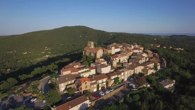 France, Provence-Alpes-Cote d'Azur, Var department, Aerial view of Gassin village, labelled Les Plus Beaux Villages de France (The Most Beautiful Villages of France),