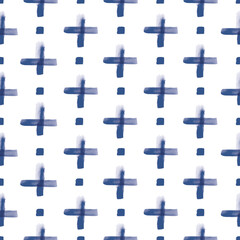 Vector blue stripes, crosses folk seamless pattern