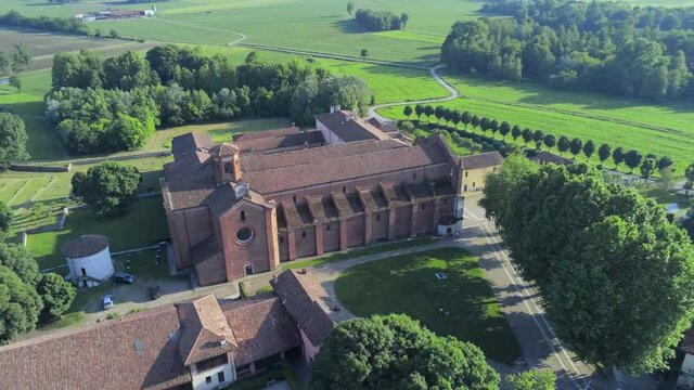 Aerial view of Abbazia di Morimondo (Morimondo Abbey), Italy