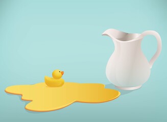 Vector illustration of a white ceramic jug and yellow runbber duck swimming in a juice puddle