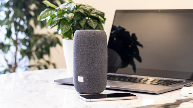 A portable speaker with built-in smart intelligence. Musical column. Marble table, work atmosphere, laptop, green flower, coffee cup. Morning sunlight.