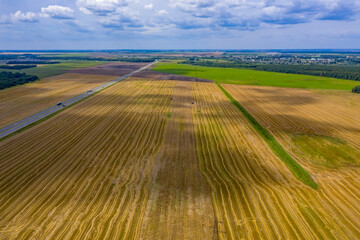 Combine harvesters harvest wheat fields in Minsk region, Belarus. Combines in the background.