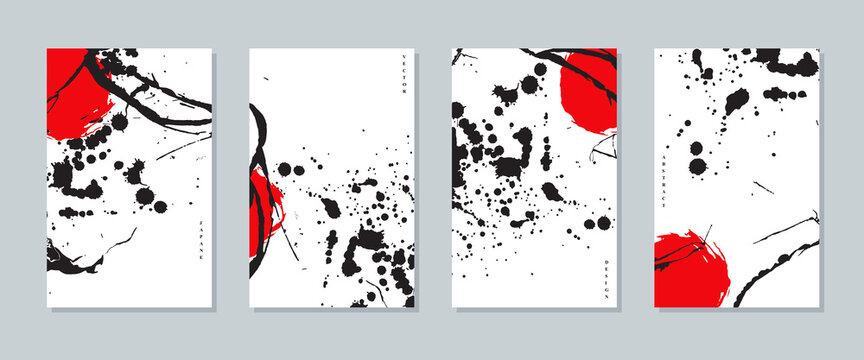 Abstract cards set. Grunge ink background with red and black elements. Template invitation. Vector illustration. Japanese disign