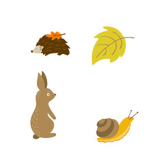 Set of Autumn cartoon characters, plants and leaves. Fall season