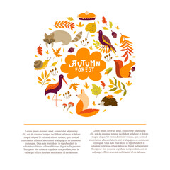 Set of Autumn cartoon characters, plants and leaves. Fall season