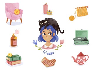 Cozy home sticker set. 9 shaded hand drawn clip art illustrations.