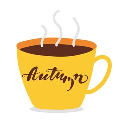 large yellow  cup with a hot drink and the inscription Autumn. brown Hand writing lettering. Steam rises above the cup, aroma. Hand drawing cartoon funny vector illustration.