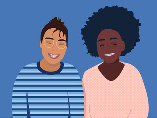 Two teenagers smiling with dental braces on their teeth.Boy and girl different ethnicities.Orthodontic metal retainers for bite correction.Oral daily life hygiene,care.Afro-american,caucasian person