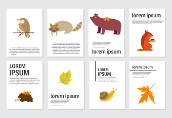 Fototapeta premium Set of Autumn cartoon characters, plants and leaves. Fall season