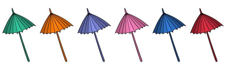 Umbrella. Collection on an isolated white background. Cartoon style. Set of vector illustrations. Cocktail decoration. Protection from sunburn and rain. Vacation mood. Eastern ornament. Alcohol drink 