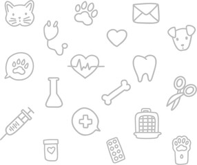 Vector linear seamless pattern, hand drawn doodle design. Set of icons. Concept for pet shops or veterinary clinics, isolated on white background