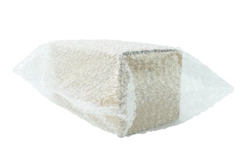 Bubbles covering the box by bubble wrap for protection product cracked isolated white background