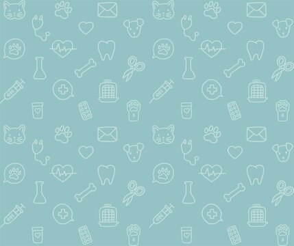 Vector linear seamless pattern, hand drawn icons, doodle design. Cat, dog, bone, paw and other symbols. Concept for pet shops or veterinary clinics, isolated on blue background