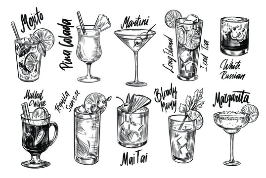 Set Of Alcohol Cocktails. Martini, Mojito, Pina Colada, Margarita. Vector Outline.