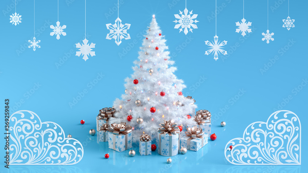 Poster white decorated christmas tree with sparkling illuminated christmas lights gift boxes and snowflakes