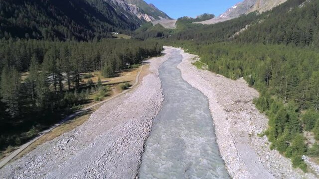Aerial view of Dora  river, Val Veny, Italy