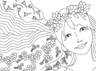 Spring girl portrait. Coloring page.  Illustration  for coloring book. A wreath with flowers on the girl's head. There are patterns of flowers in her hair.