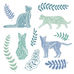 Vector flat line set of stickers or temporary tattoos. Different cat poses and breeds with ornament and leaves, isolated on white background