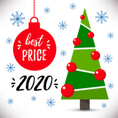 Fototapeta na wymiar Winter sale poster with christmas tree,balls,snowflakes isolated on white background.Best Price 2020.Raster version.Clipart for website and banners,ads, coupons, promotional material
