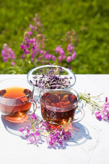 Chamaenerion angustifolium tea (cypress, big willow, pink willow) with dry and fresh flowers for decoration in glass cups on a light background. Concept of herbal medicine. Horizontal orientation