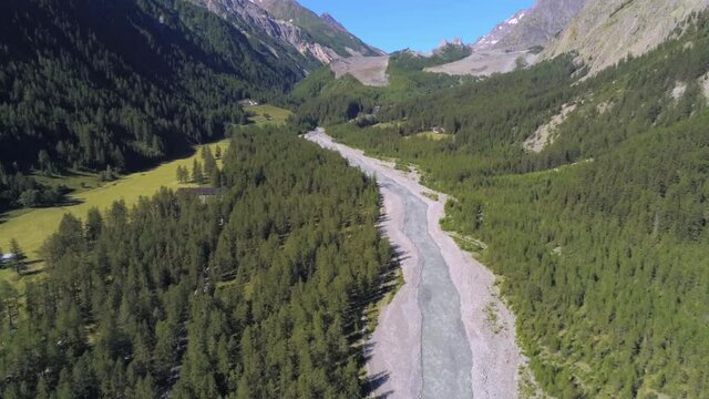 Aerial view of Dora  river, Val Veny, Italy