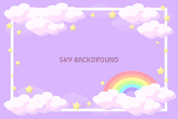 Purple cloudy sky abstract background with stars and rainbow. Girl fantasy nursery background wallpaper. Flat style vector.