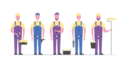 A group of builders. A team of construction and repair services. Flat style. Vector illustration
