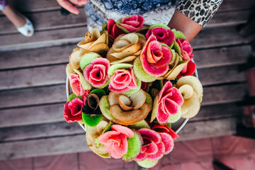 bride's bouquet, wedding bouquet, bouquet of fresh flowers, stands on the table, flower arrangement in the shape of a ball, wedding Floristics