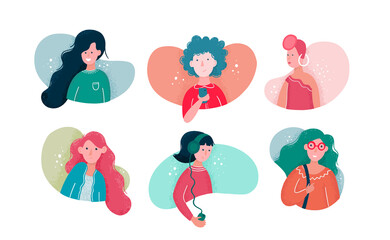 Girl avatars, different women type, young women in cartoon style