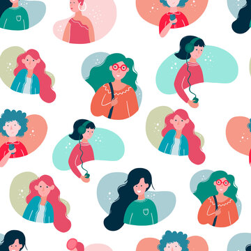 Seamless pattern with girl avatars, different women type