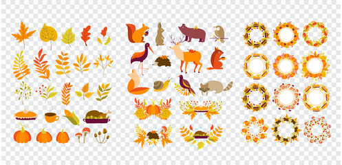 Autumn borders, wreaths, animals, leaves, thanksgiving clipart