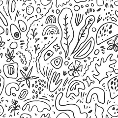 Hand drawn black and white artistic doodle seamless pattern with fluid organic shapes. Black isolated artistic graphic elements on white background. Natural backdrop. Vector eps10 cartoon illustration