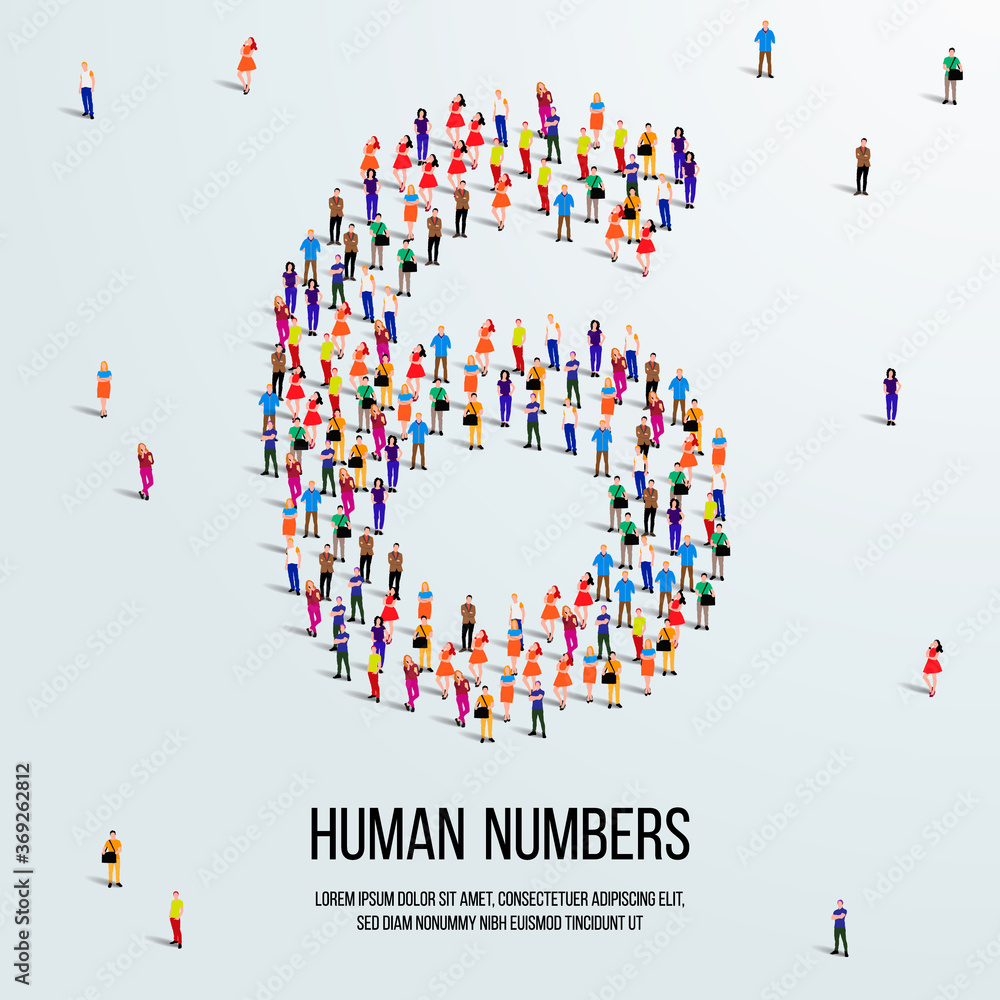 Fototapete large group of people form to create number 6 or six. people font or number. vector illustration of 
