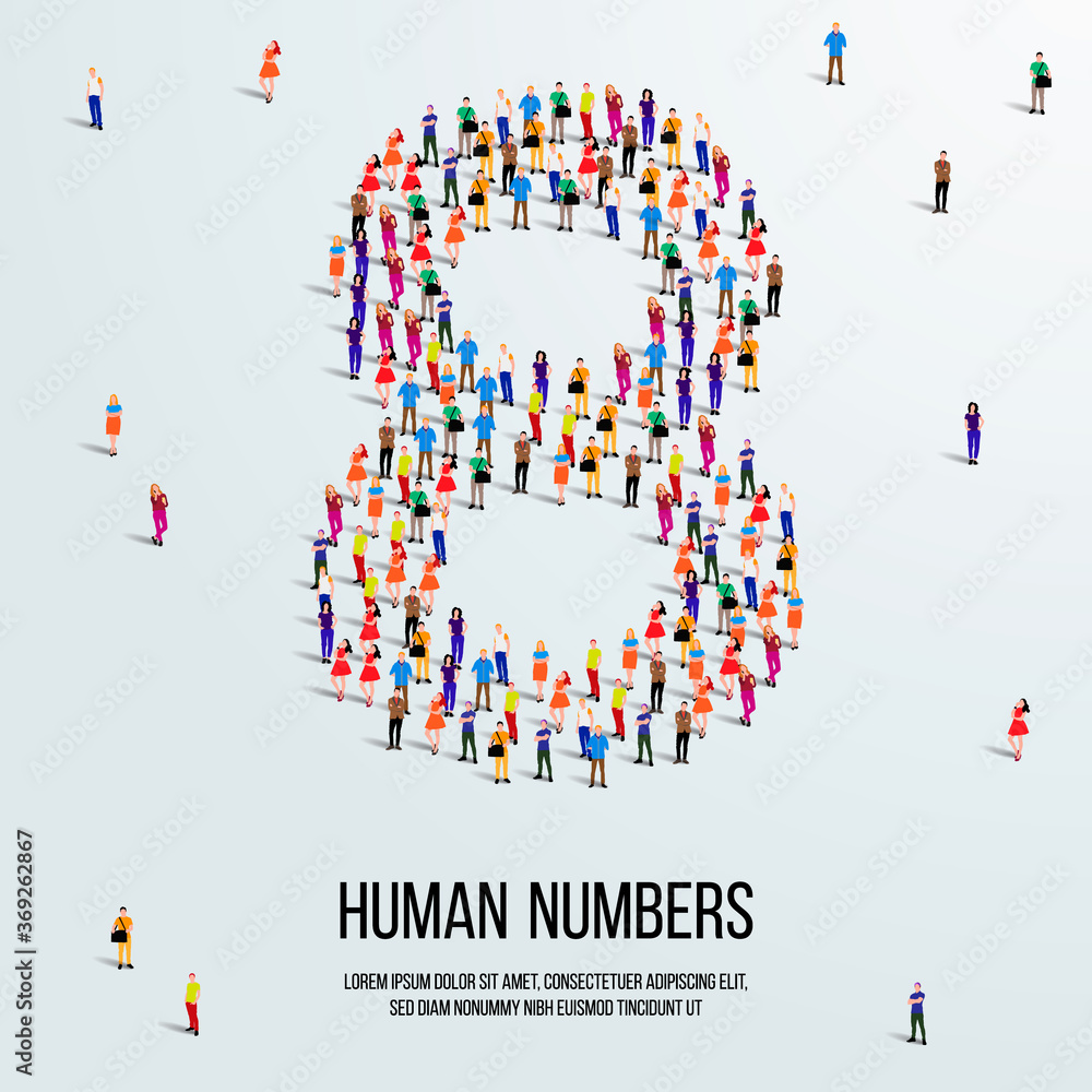 Fototapete large group of people form to create number 8 or eight. people font or number. vector illustration o