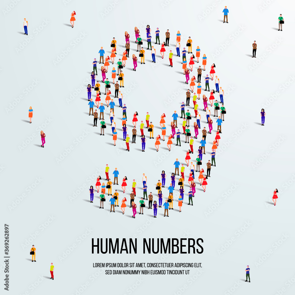Fototapete large group of people form to create number 9 or nine. people font or number. vector illustration of