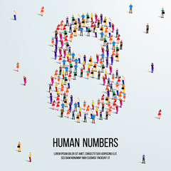 large group of people form to create number 8 or eight. people font or number. vector illustration of number 8.