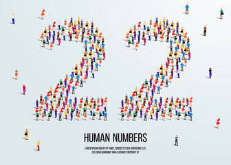 large group of people form to create number 22 or twenty two. people font or number. vector illustration of number 22.