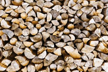 Tree cut cross section texture. Wood industry background. Chopped wood texture. Stacked tree logs pattern. Pile of raw tree wood in forest. Firewood background.