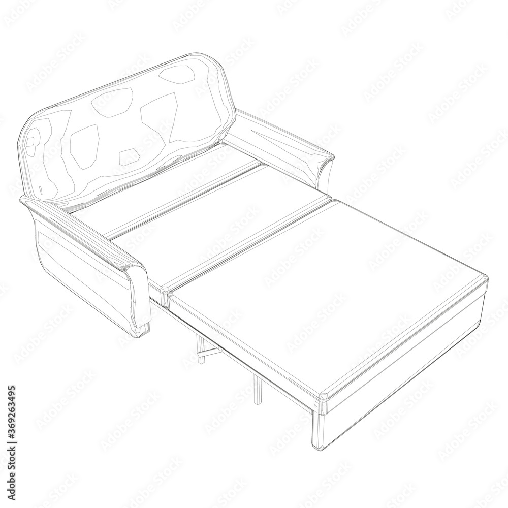 Poster wireframe of a folding sofa made of black lines on a white background. isometric view. 3d. vector il