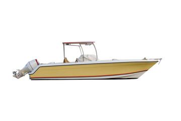 yellow motor boat with sun awning isolated on white background