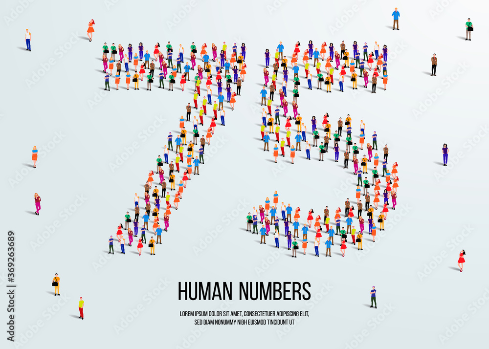 Fototapete large group of people form to create number 75 or seventy five. people font or number. vector illust