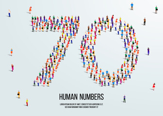 large group of people form to create number 70 or seventy. people font or number. vector illustration of number 70.