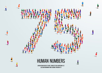 large group of people form to create number 75 or seventy five. people font or number. vector illustration of number 75.