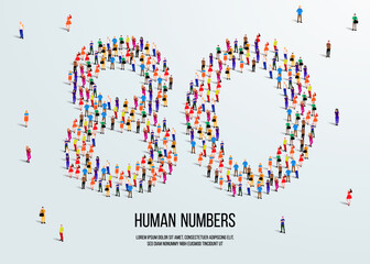 large group of people form to create number 80 or eighty. people font or number. vector illustration of number 80.
