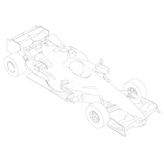 Contour racing car from black lines on a white background. Isometric view. Vector illustration