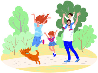 Obraz na płótnie Canvas Hand drawn vector of happy family. Mom, dad, sister and brother and dog walking in the park.