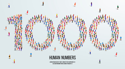large group of people form to create number 1000 or one thousand. people font or number. vector illustration of number 1000.