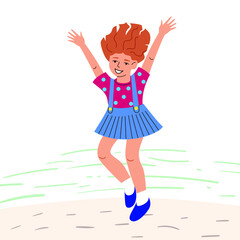 Hand drawn flat vector of happy girl jumping in the park.