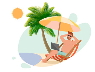 A man lies in a deck chair with a laptop on the beach.
