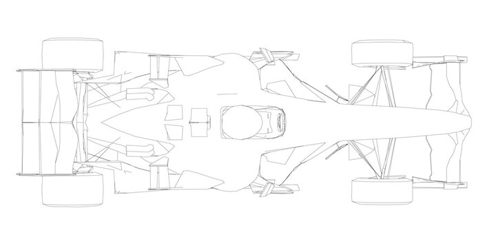 Contour racing car from black lines on a white background. View from above. Vector illustration